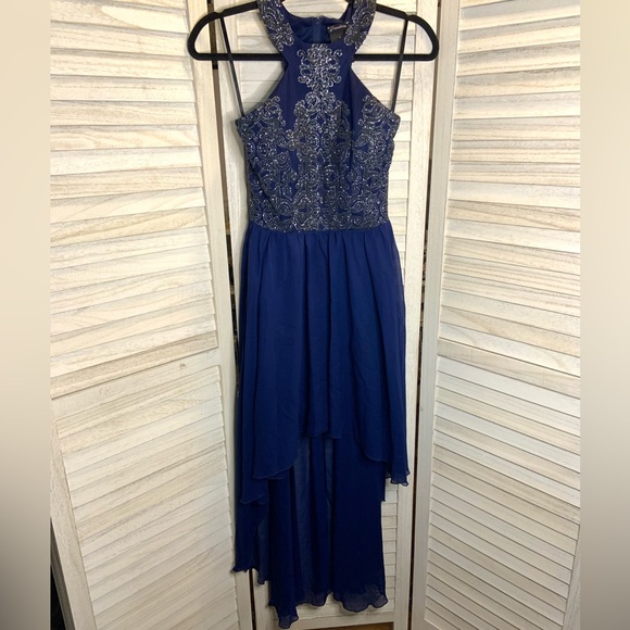 Xtraordinary Royal Blue Sparkly Beaded Filigree Halter Sheer High Low Prom Dress - Picture 3 of 11